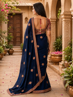 Satin Embroidery Work Saree With Unstitched Blouse(Blue)