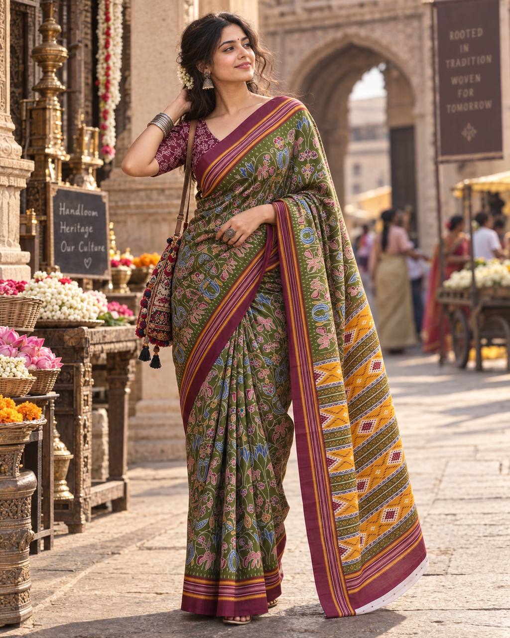 Mulmul Cotton Printed Saree With Unstitched Blouse(Green)