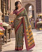 Mulmul Cotton Printed Saree With Unstitched Blouse(Green)