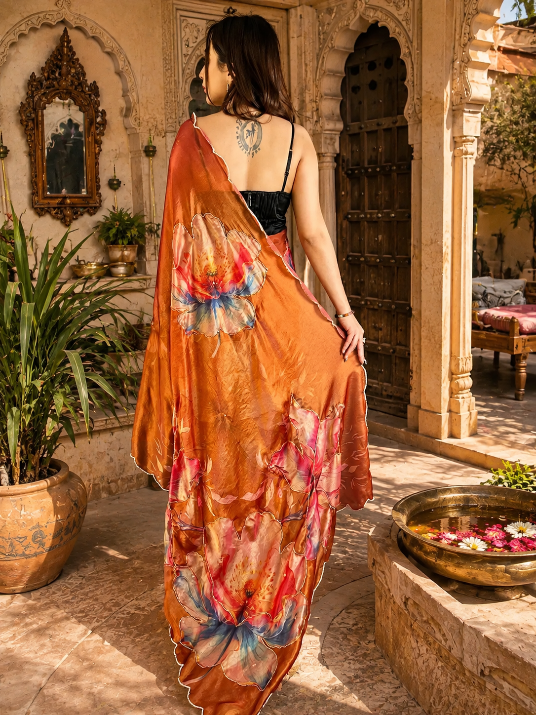 Satin Silk Floral Print Saree With Unstitched Blouse(Orange)