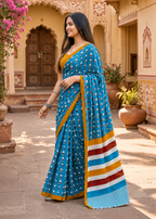 Mulmul Cotton Bagru Block Print Saree With Unstitched Blouse(Blue)
