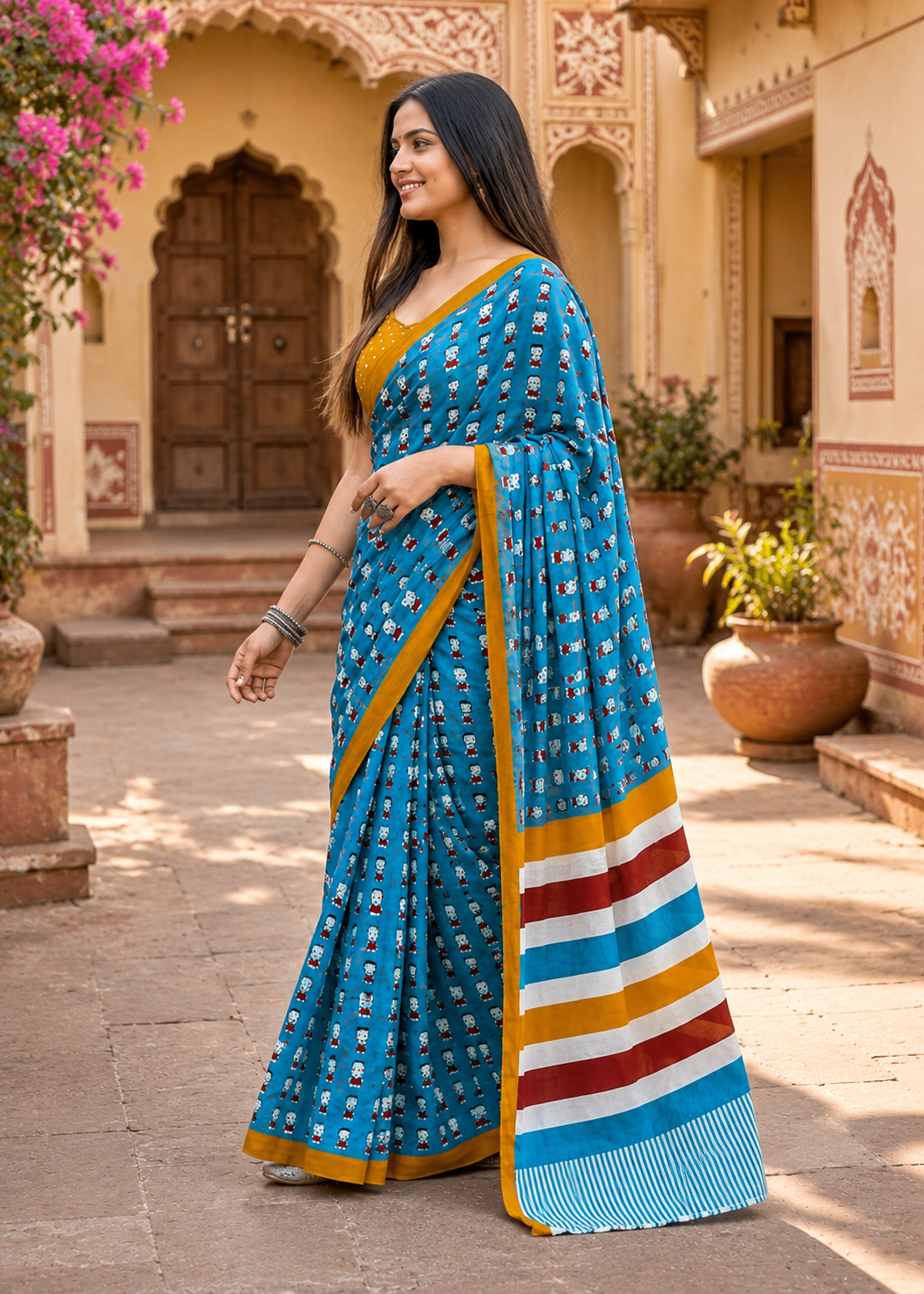 Mulmul Cotton Bagru Block Print Saree With Unstitched Blouse(Blue)