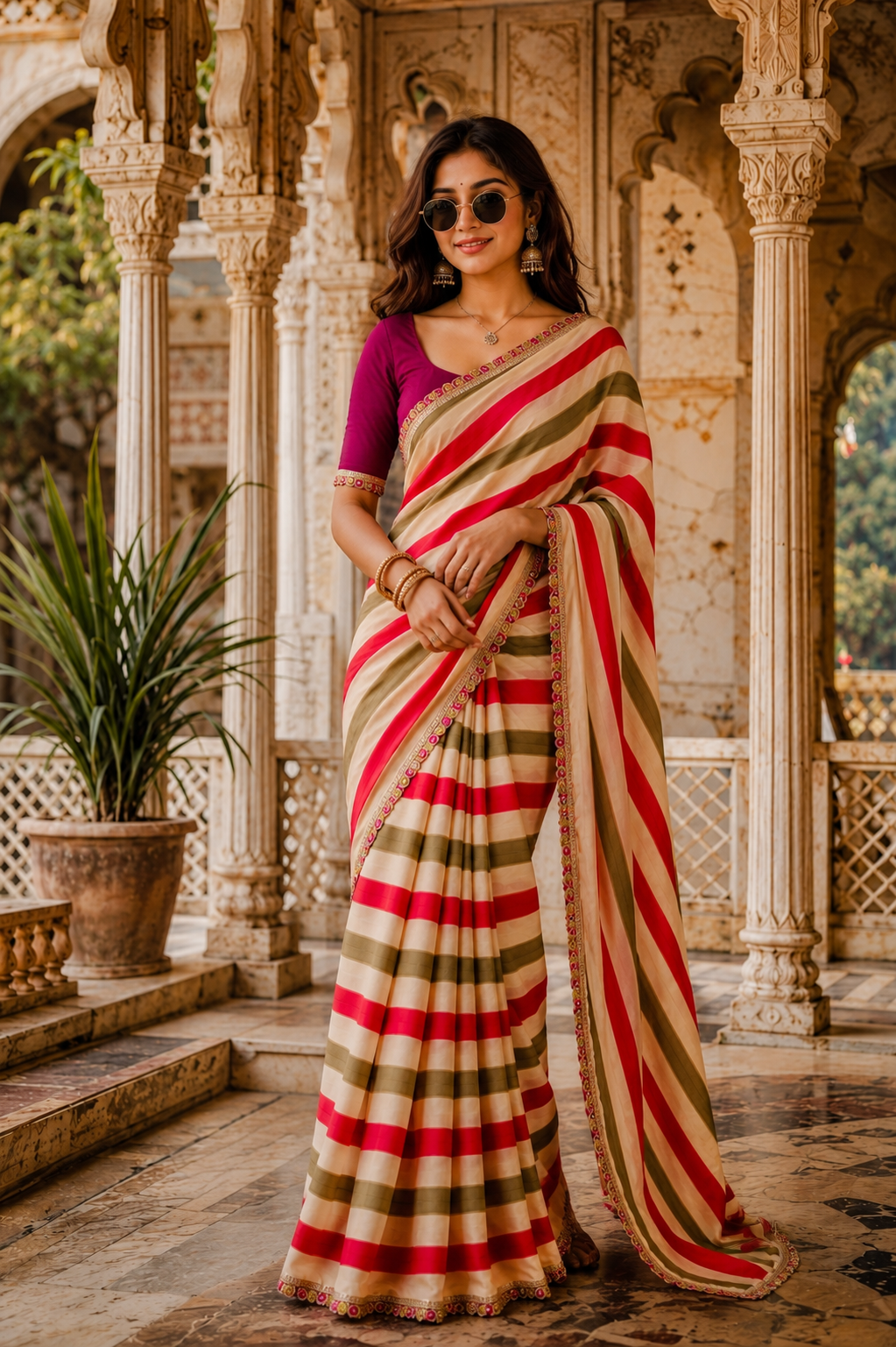 Soft Chinon Lehriye  Silk Saree With Unstitched Blouse(Green)