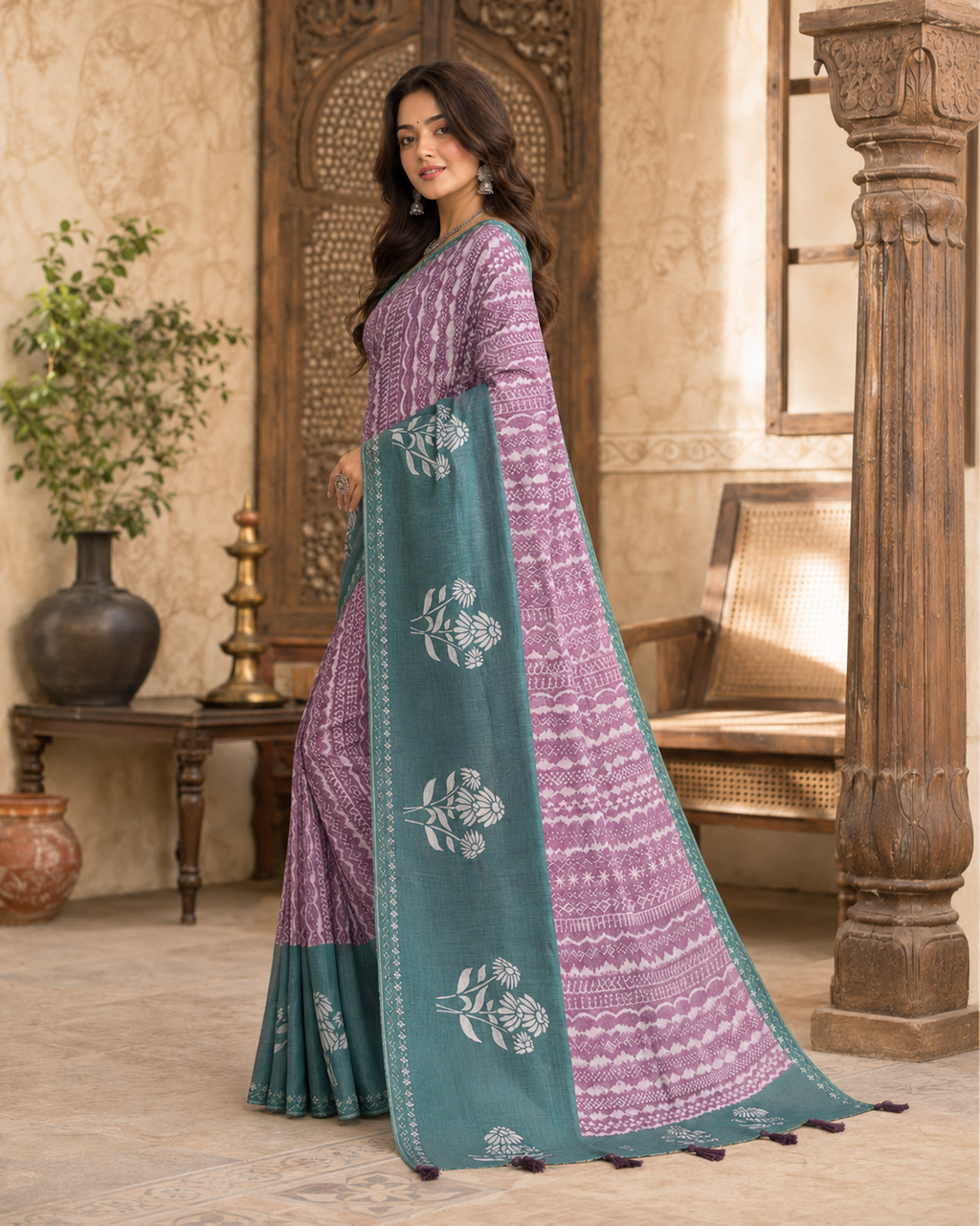 Cotton Printed Saree With Unstitched Blouse(Lavender)