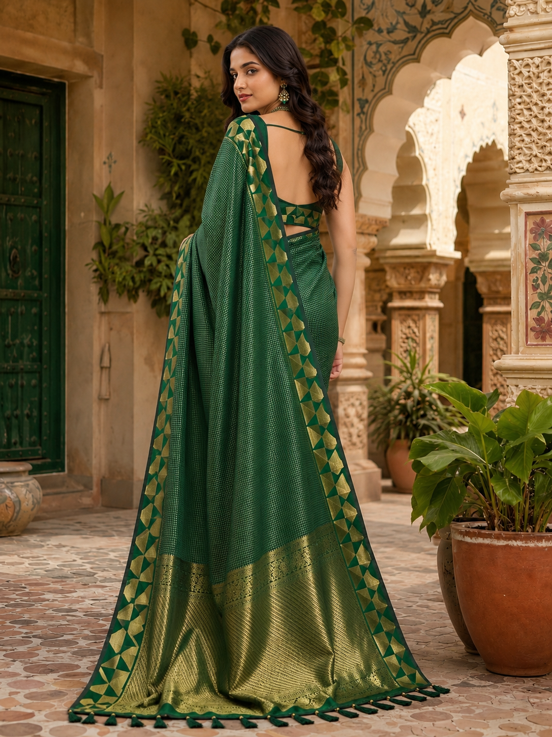 Premium Art Silk Zari Triangle Border Saree With Unstitched Blouse(Green)