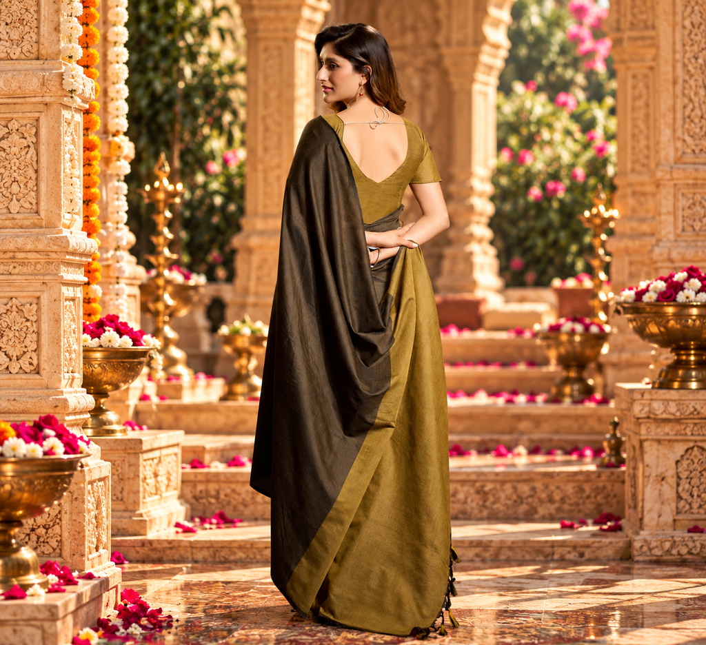 Mulmul Cotton Saree With Unstitched Blouse(Brown)