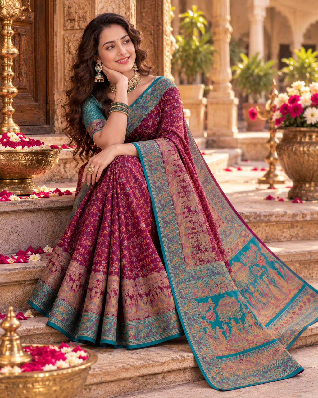 Gajji Silk Ajrakh Printed Saree With Unstitched Blouse(Wine)