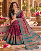 Gajji Silk Ajrakh Printed Saree With Unstitched Blouse(Wine)