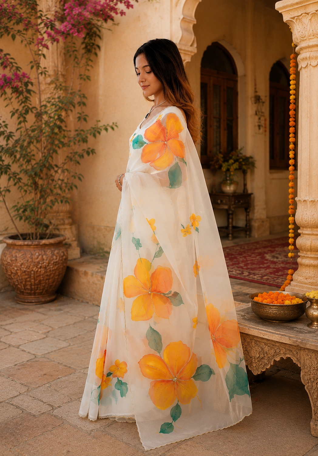 Organza Silk Ready To Wear Saree With Unstitched Blouse(White)