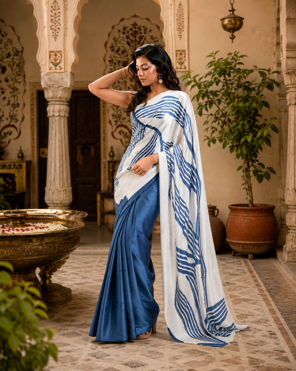 Satin Silk Digital Printed Saree With Unstitched Blouse(Blue)