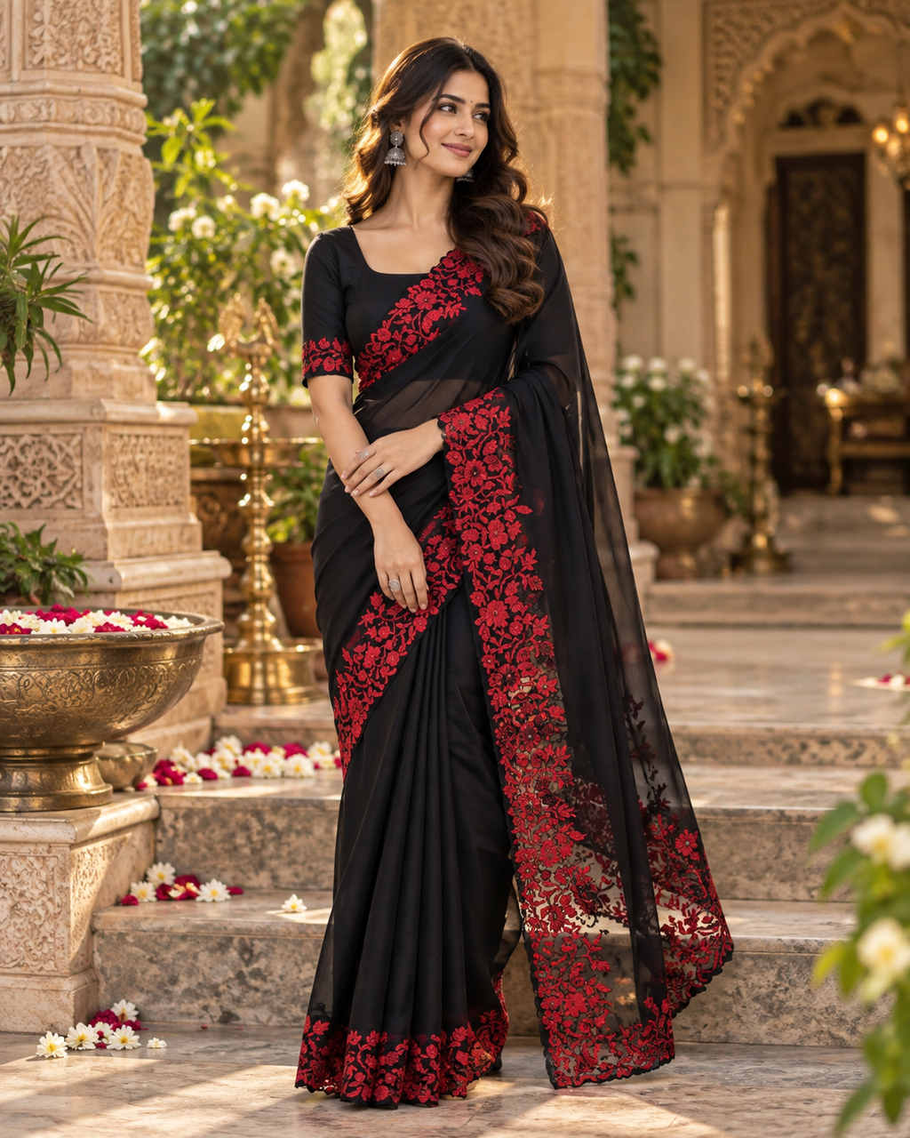 Organza Silk Saree With Unstitched Blouse(Black)
