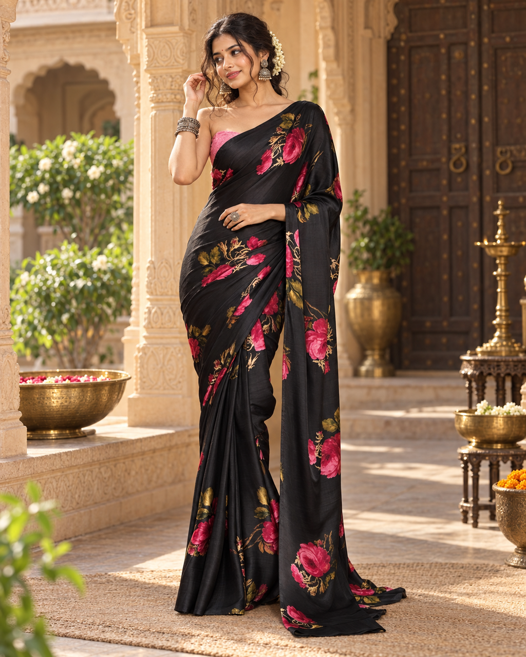 Satin Silk Floral Print Saree With Unstitched Blouse(Black)