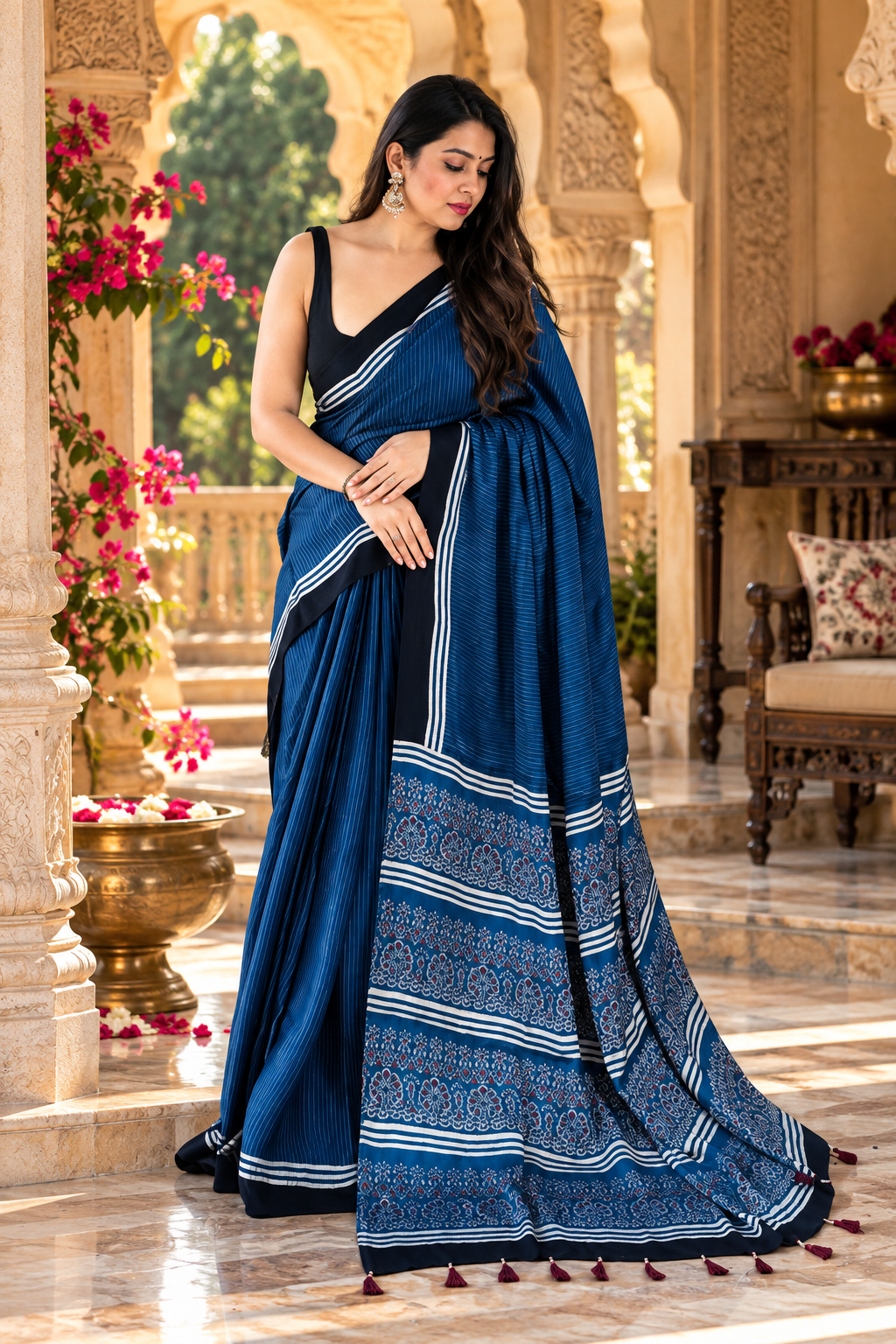 Pure Satin Silk Ajrakh Print saree With Unstitched Blouse(Blue)