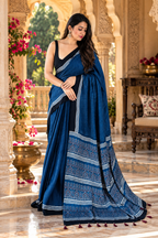 Pure Satin Silk Ajrakh Print saree With Unstitched Blouse(Blue)
