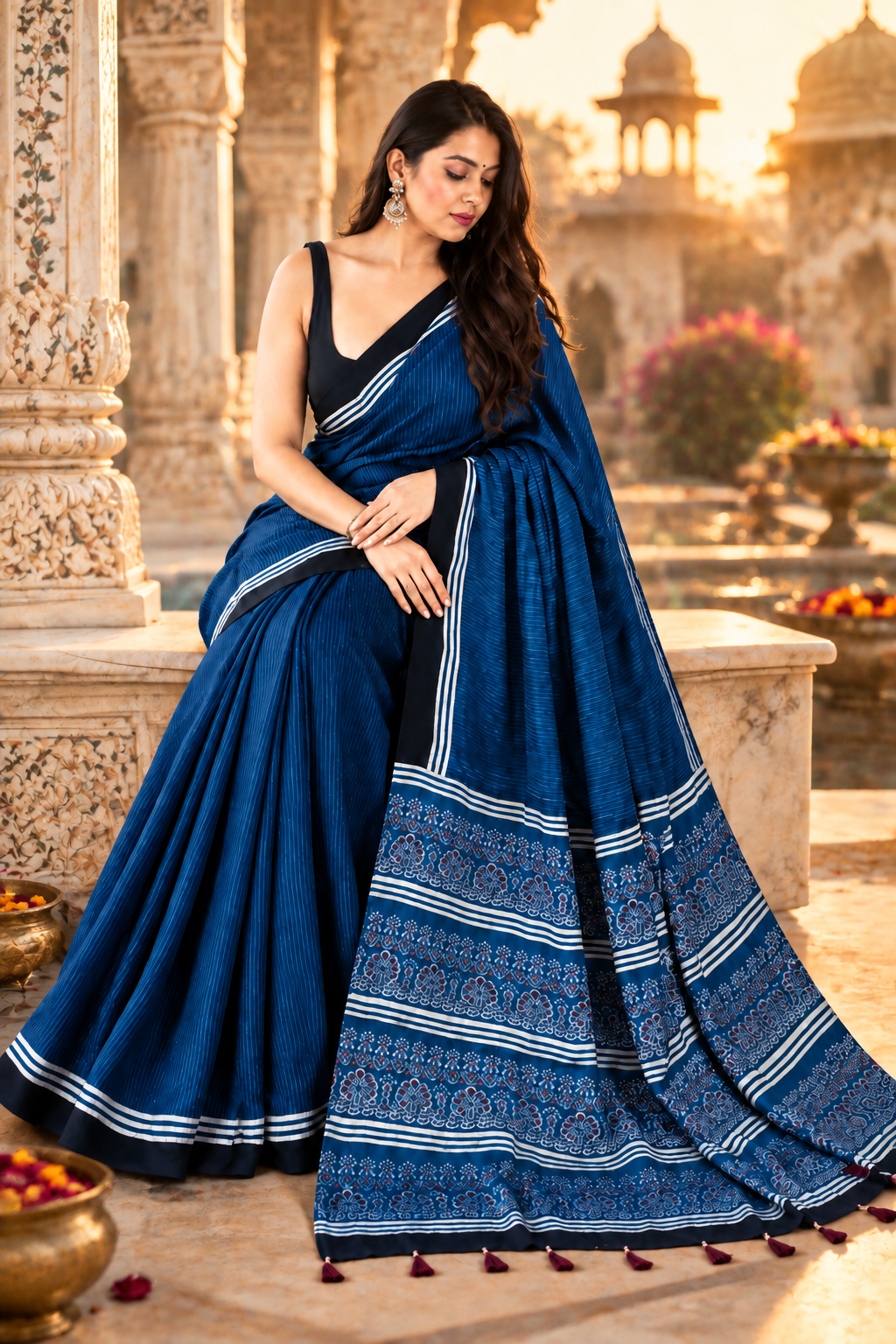 Pure Satin Silk Ajrakh Print saree With Unstitched Blouse(Blue)
