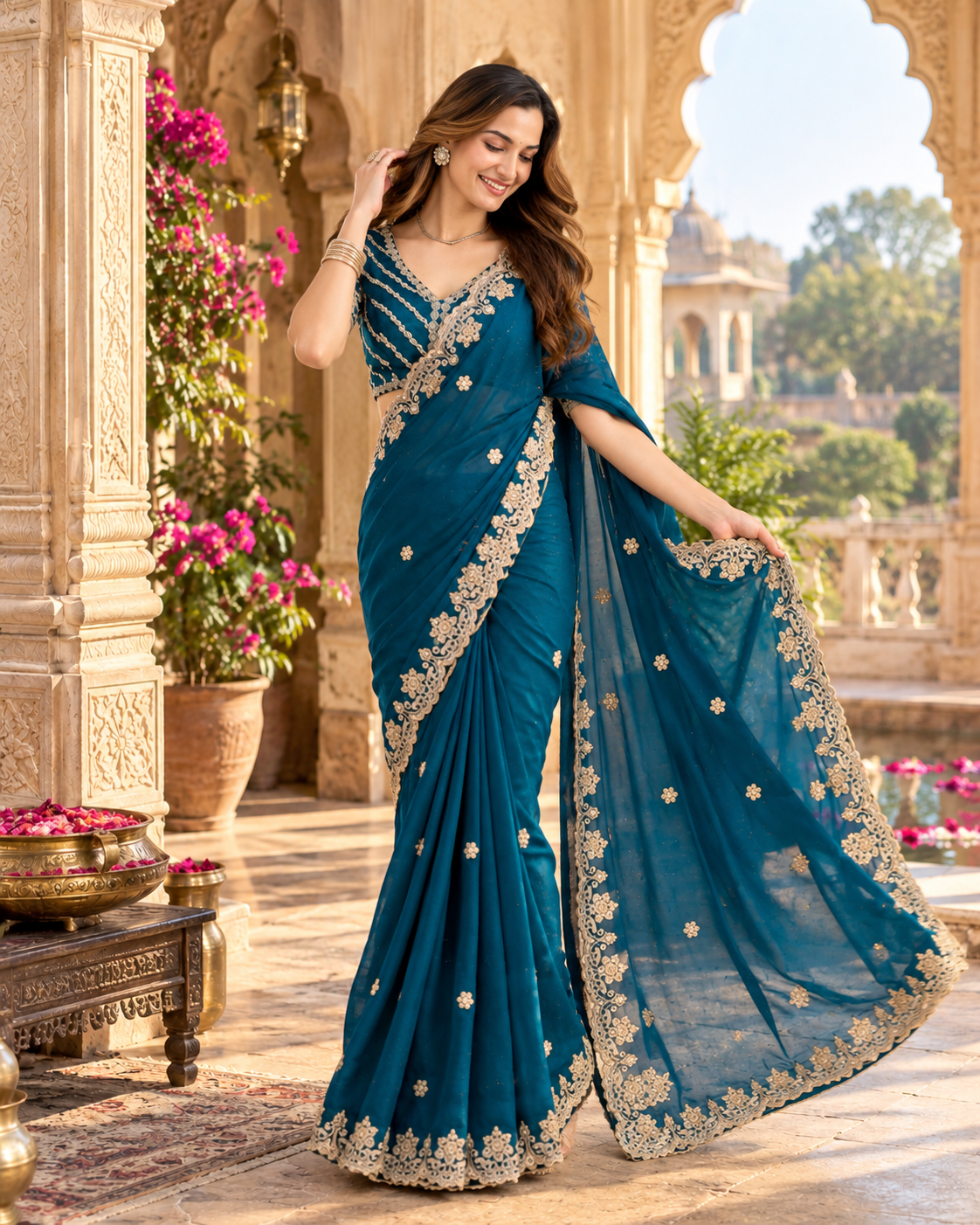 Pure Rangoli Crush Silk Saree With Unstitched Blouse(Blue)
