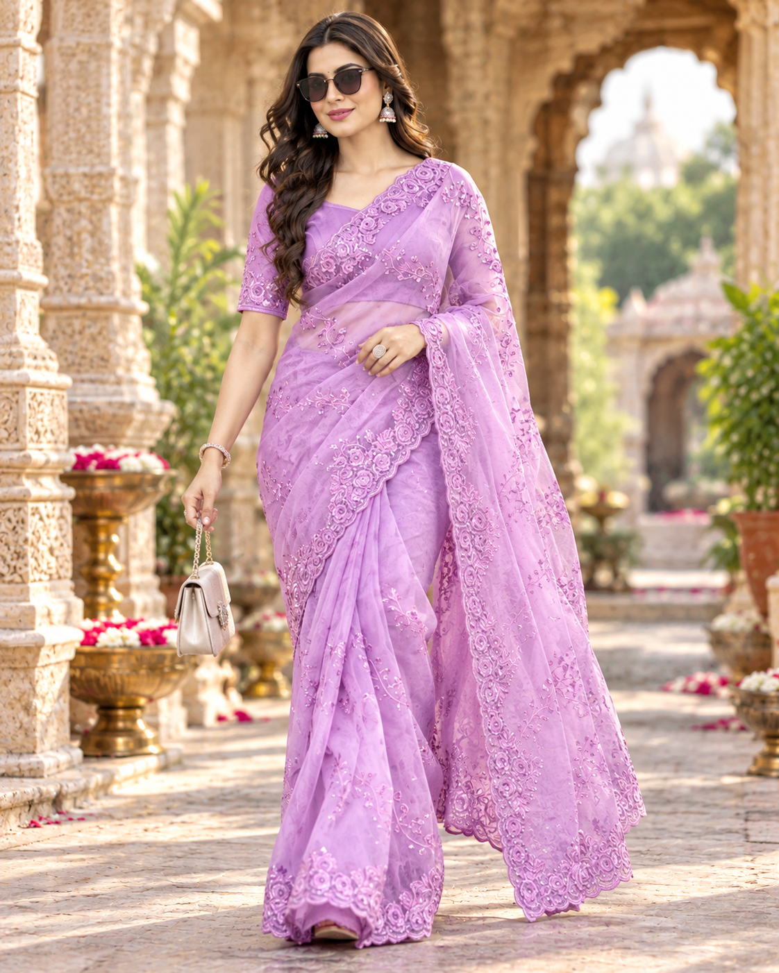 Organza Silk Sequin Work Saree With Unstitched Blouse(Violet)