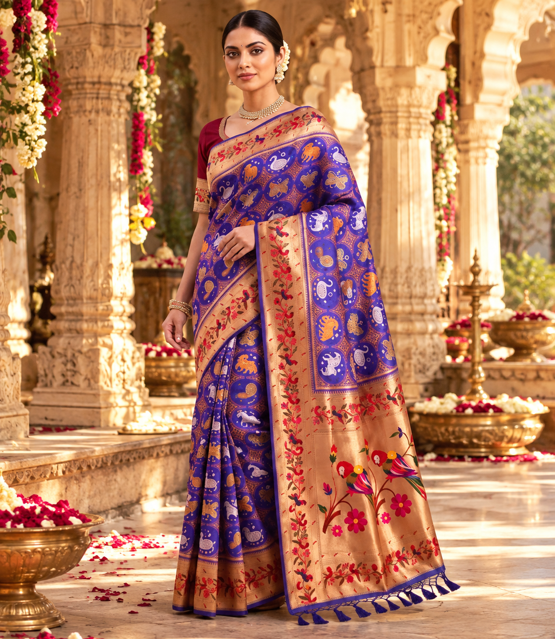 Pure Patola Paithani Silk Golden Zari Border Saree With Unstitched Blouse(Purple)