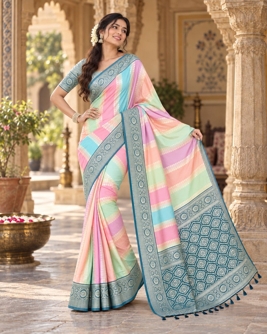 Soft Banarasi Silk Designer Saree With Unstitched Blouse(Blue)