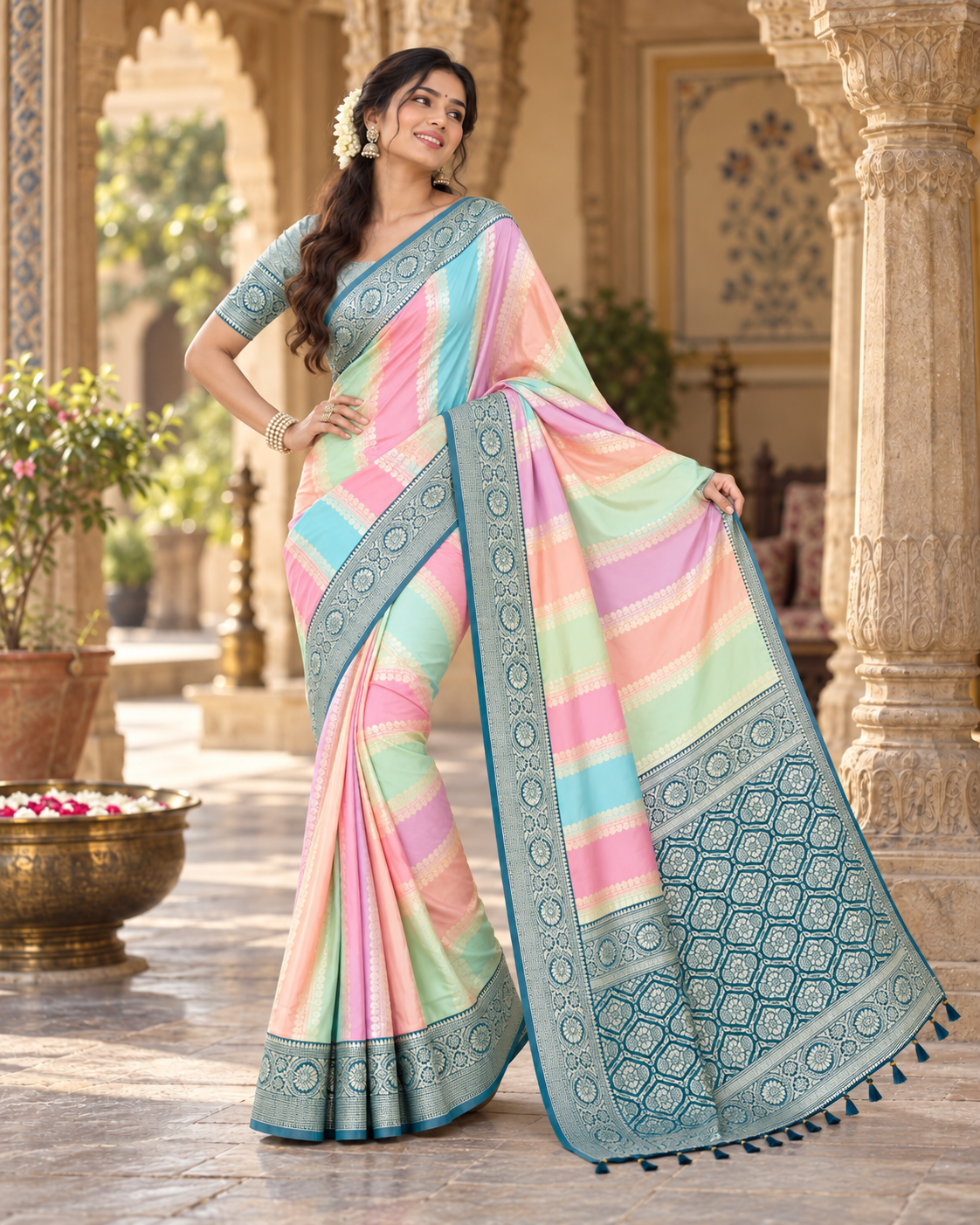 Soft Banarasi Silk Designer Saree With Unstitched Blouse(Blue)