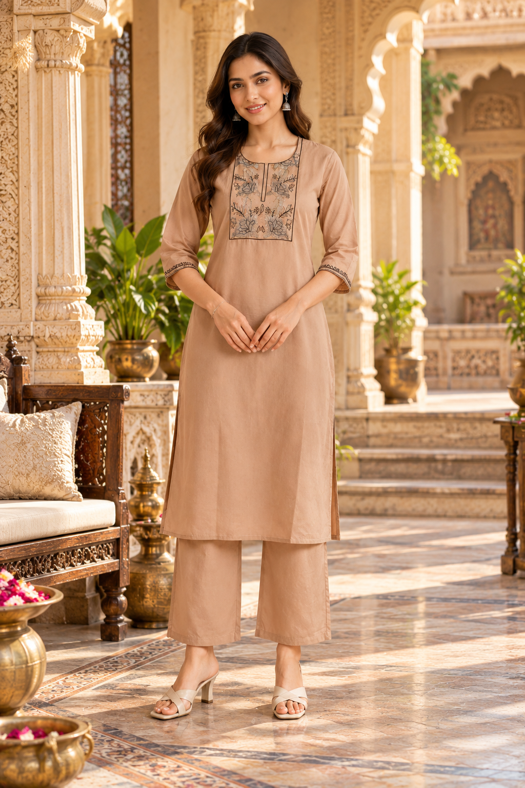 Cotton Kurti Palazzo Set(Beige)