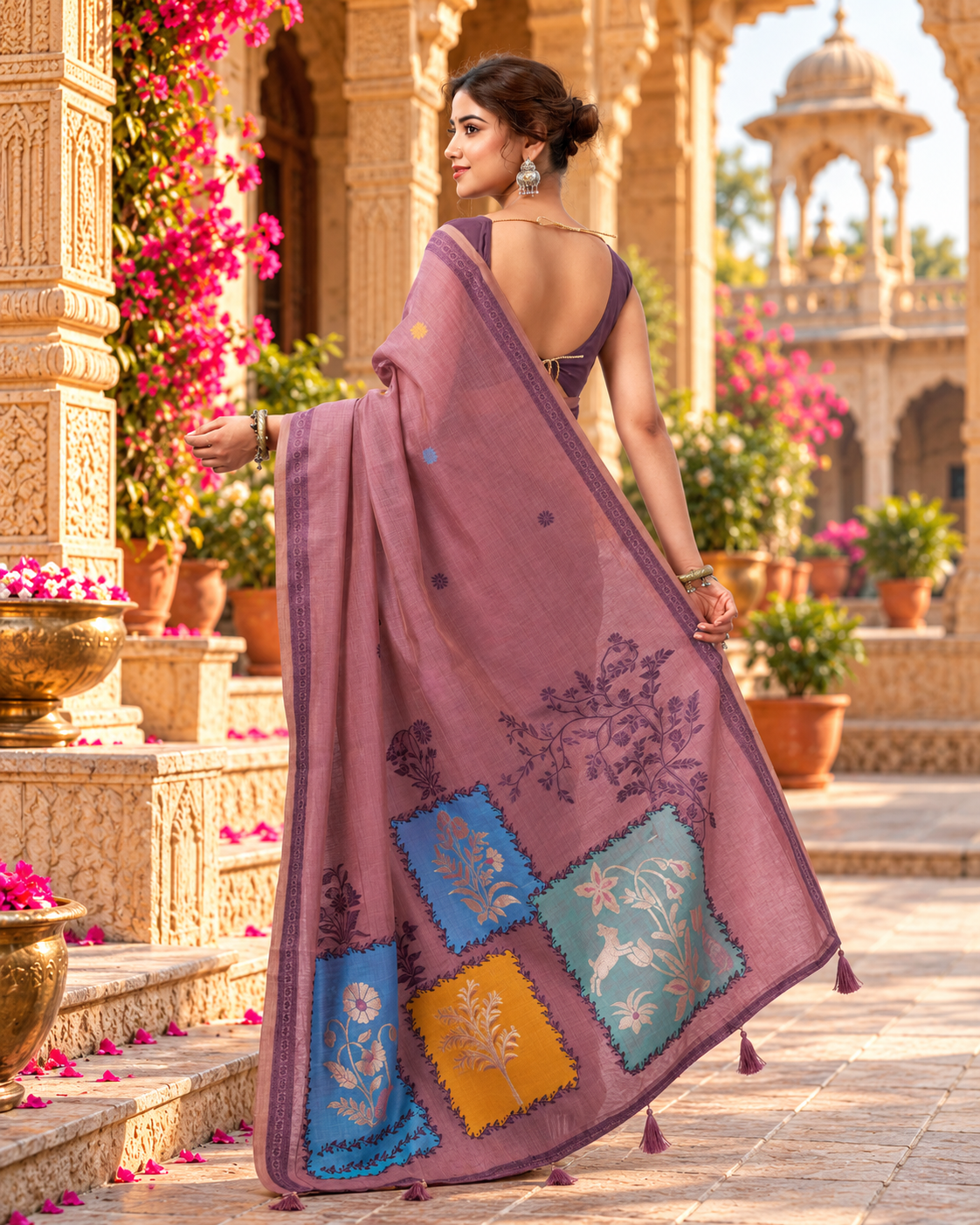 Premium Cotton Printed Saree With Unstitched Blouse(Pink)