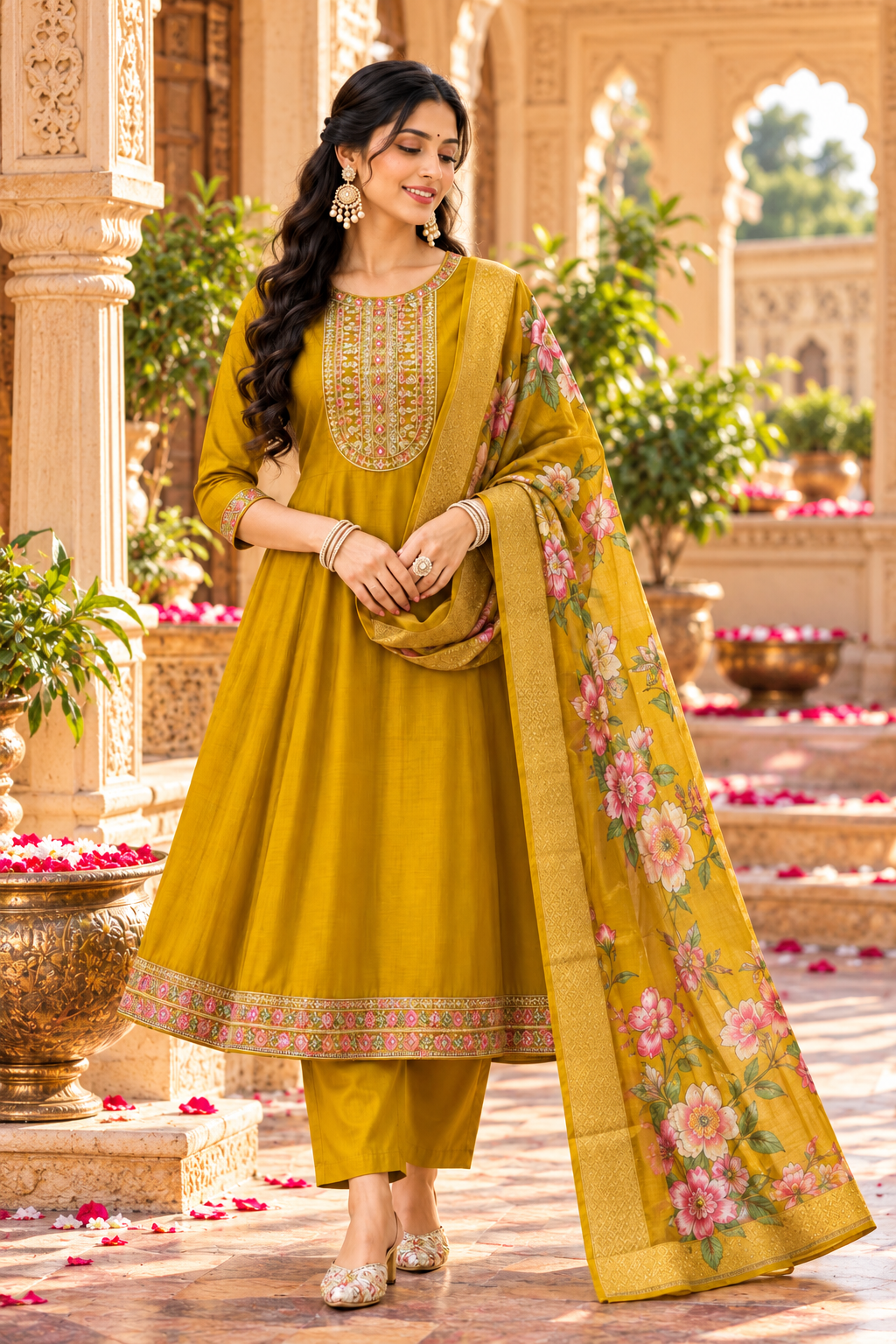 Cotton Embroidery Work Kurti Pant Set With Dupatta(Mustard)