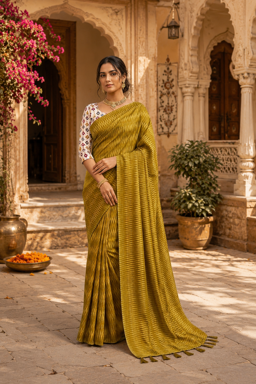 Crepe Silk Printed Sarees With Unstitched Blouse(Mustard)