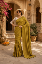 Crepe Silk Printed Sarees With Unstitched Blouse(Mustard)
