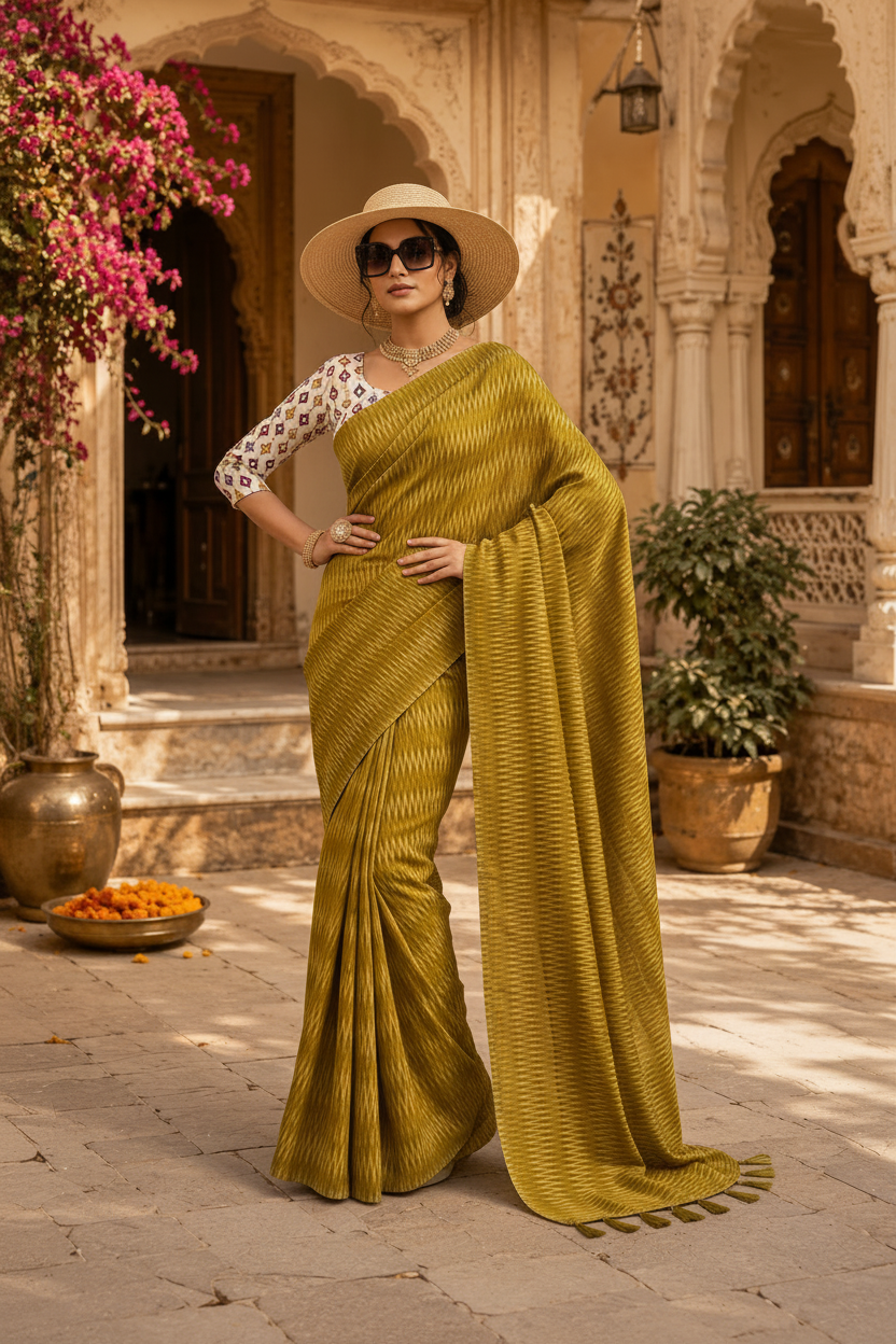 Crepe Silk Printed Sarees With Unstitched Blouse(Mustard)