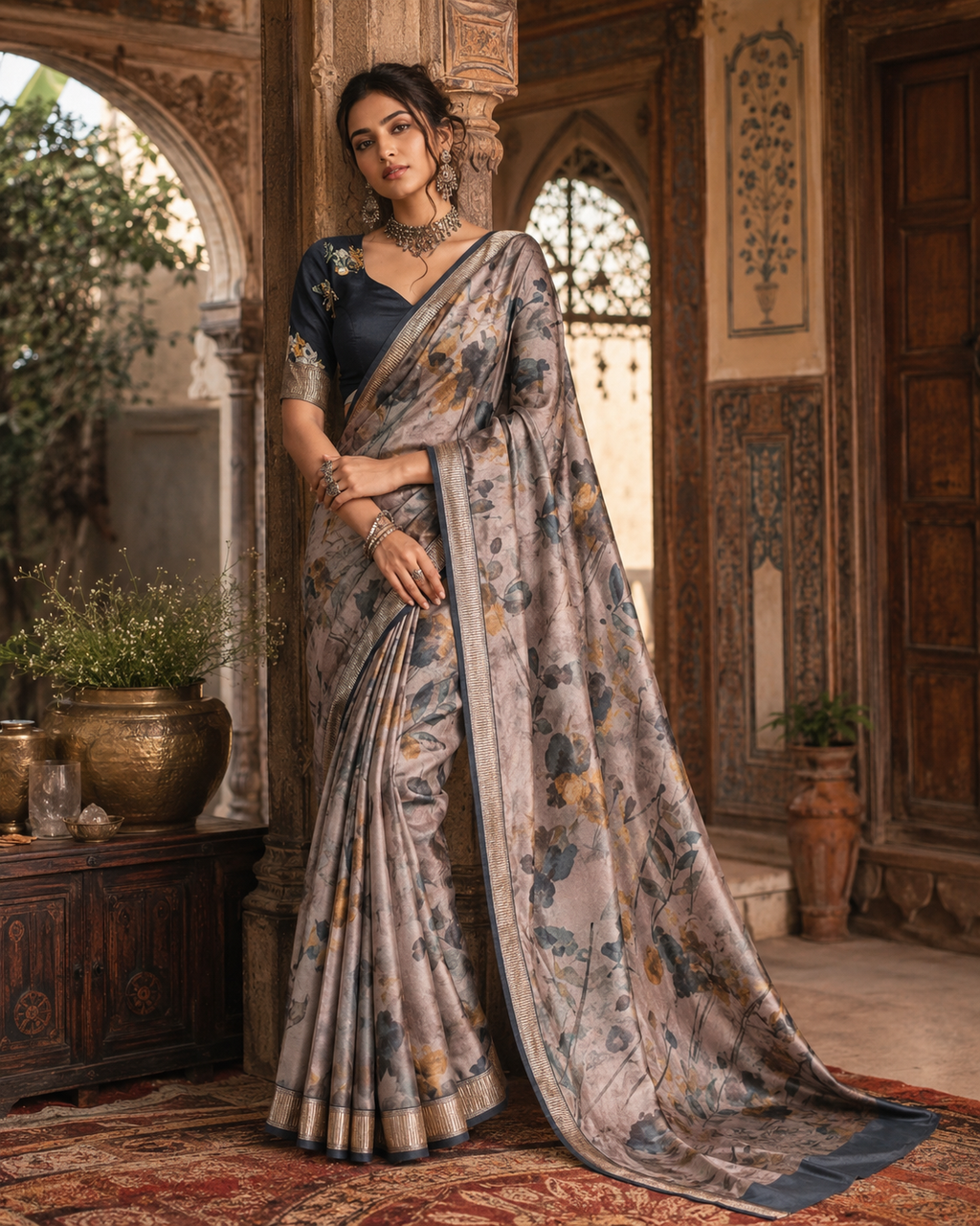 Tussar Silk Floral Printed Saree With Unstitched Blouse(Brown)