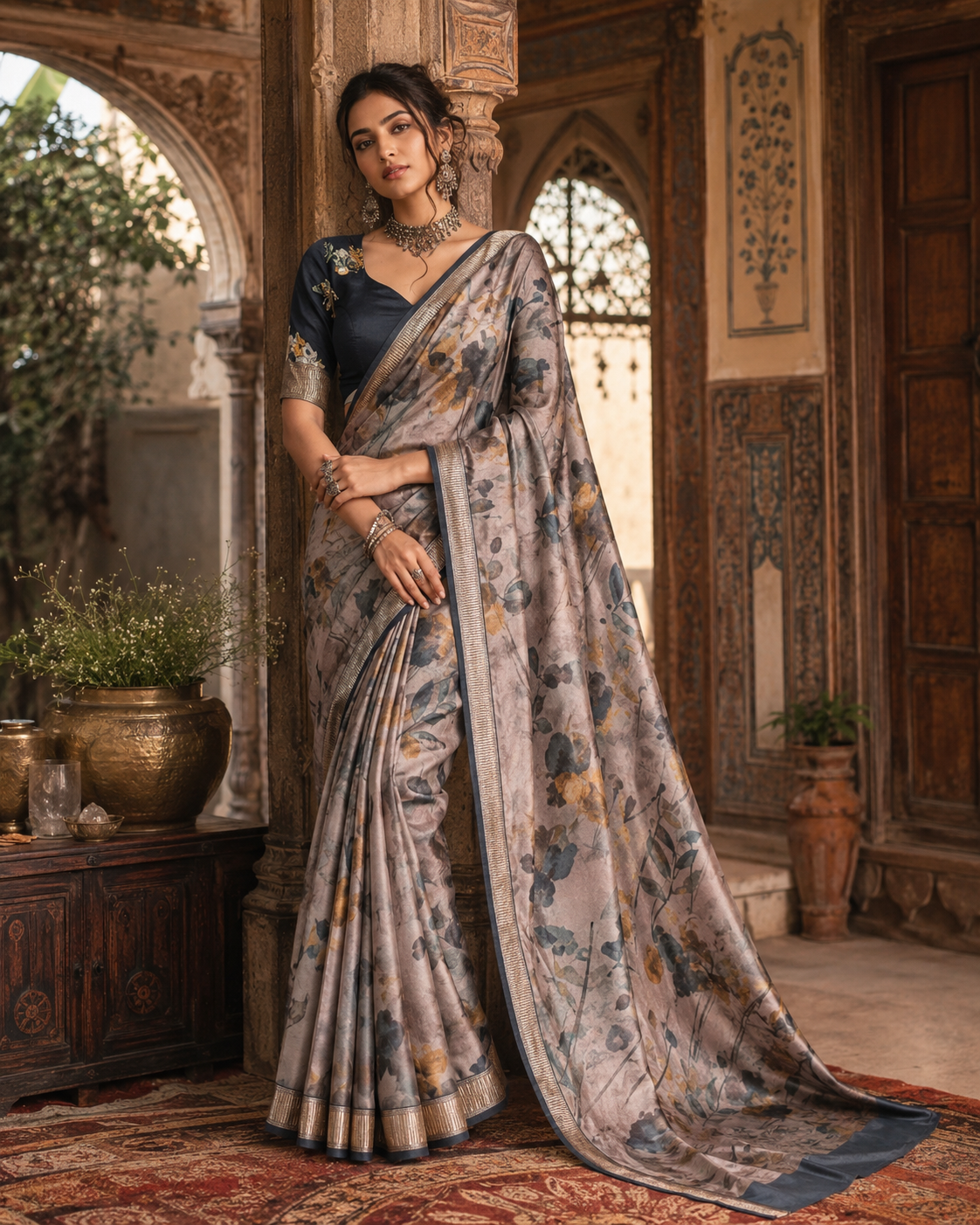 Tussar Silk Floral Printed Saree With Unstitched Blouse(Brown)