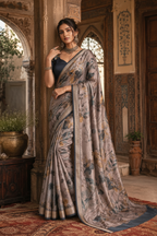 Tussar Silk Floral Printed Saree With Unstitched Blouse(Brown)