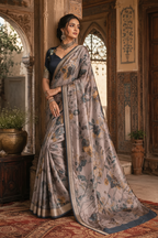 Tussar Silk Floral Printed Saree With Unstitched Blouse(Brown)
