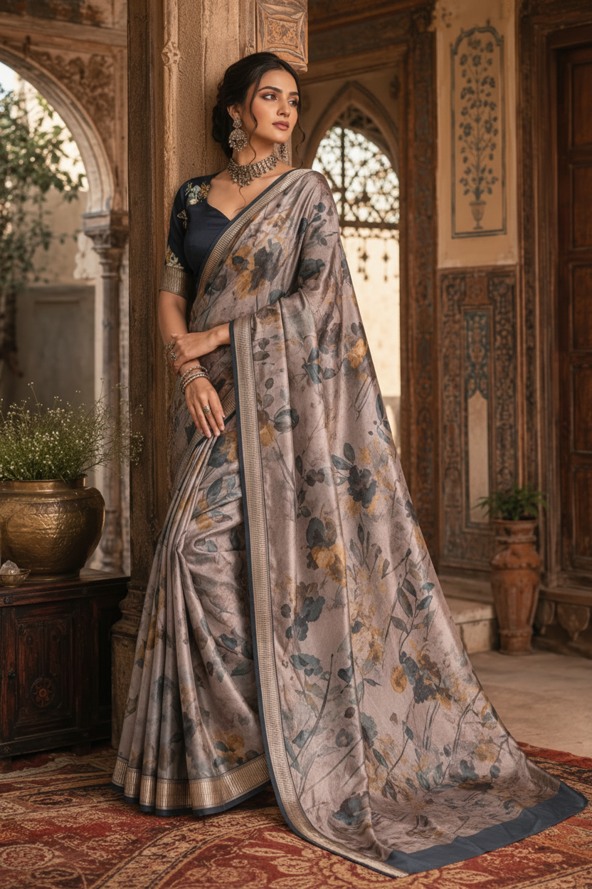 Tussar Silk Floral Printed Saree With Unstitched Blouse(Brown)