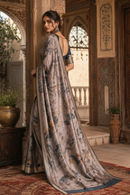 Tussar Silk Floral Printed Saree With Unstitched Blouse(Brown)