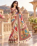 Premium Satin Silk Digital Print Saree With Unstitched Blouse(Cream)