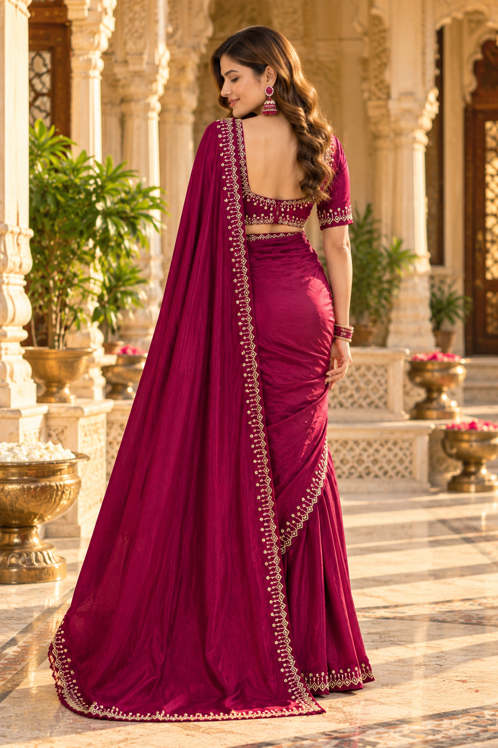 Pure Space Silk Diamond Zarkhan Work Saree With Unstitched Blouse(Maroon)
