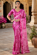 Satin Silk Ajrakh Printed Saree With Unstitched Blouse(Pink)