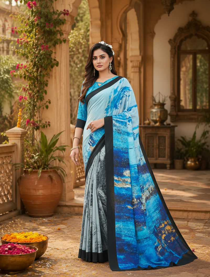 Soft Crepe Silk Digital Print Saree With Unstitched Blouse(Sky Blue)