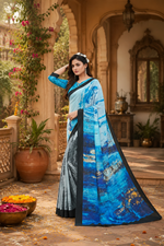 Load image into Gallery viewer, Soft Crepe Silk Digital Print Saree With Unstitched Blouse(Sky Blue)
