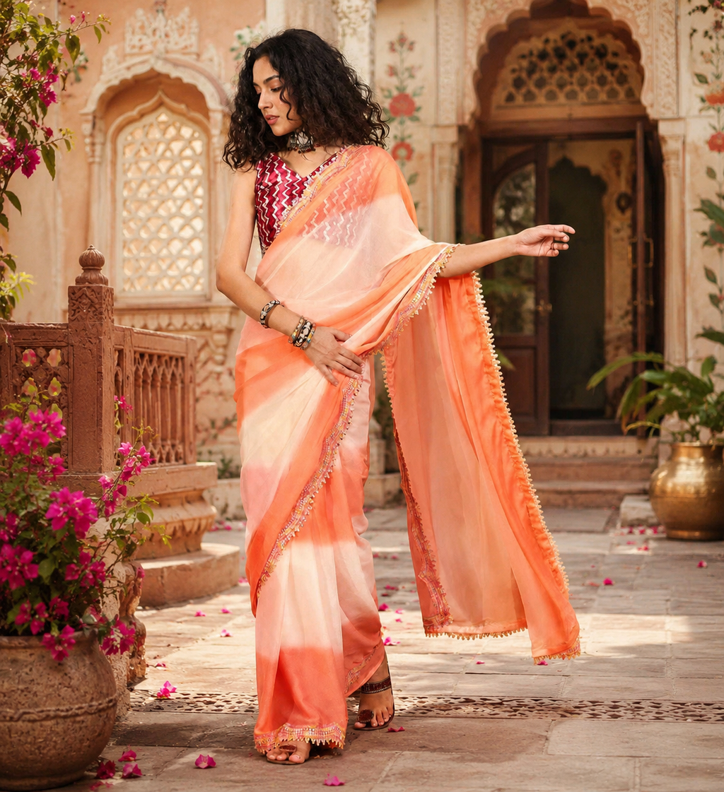 Georgette Embroidery Lace Work Saree With Unstitched Blouse(Orange)