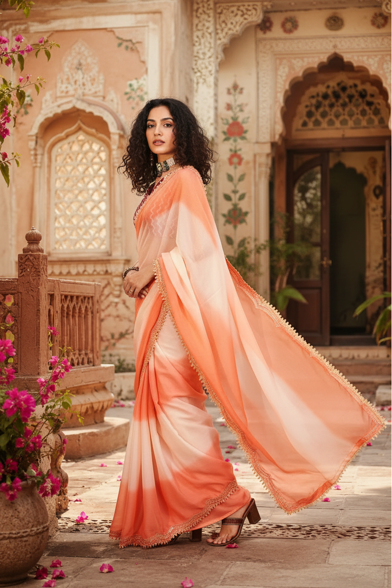 Georgette Embroidery Lace Work Saree With Unstitched Blouse(Orange)