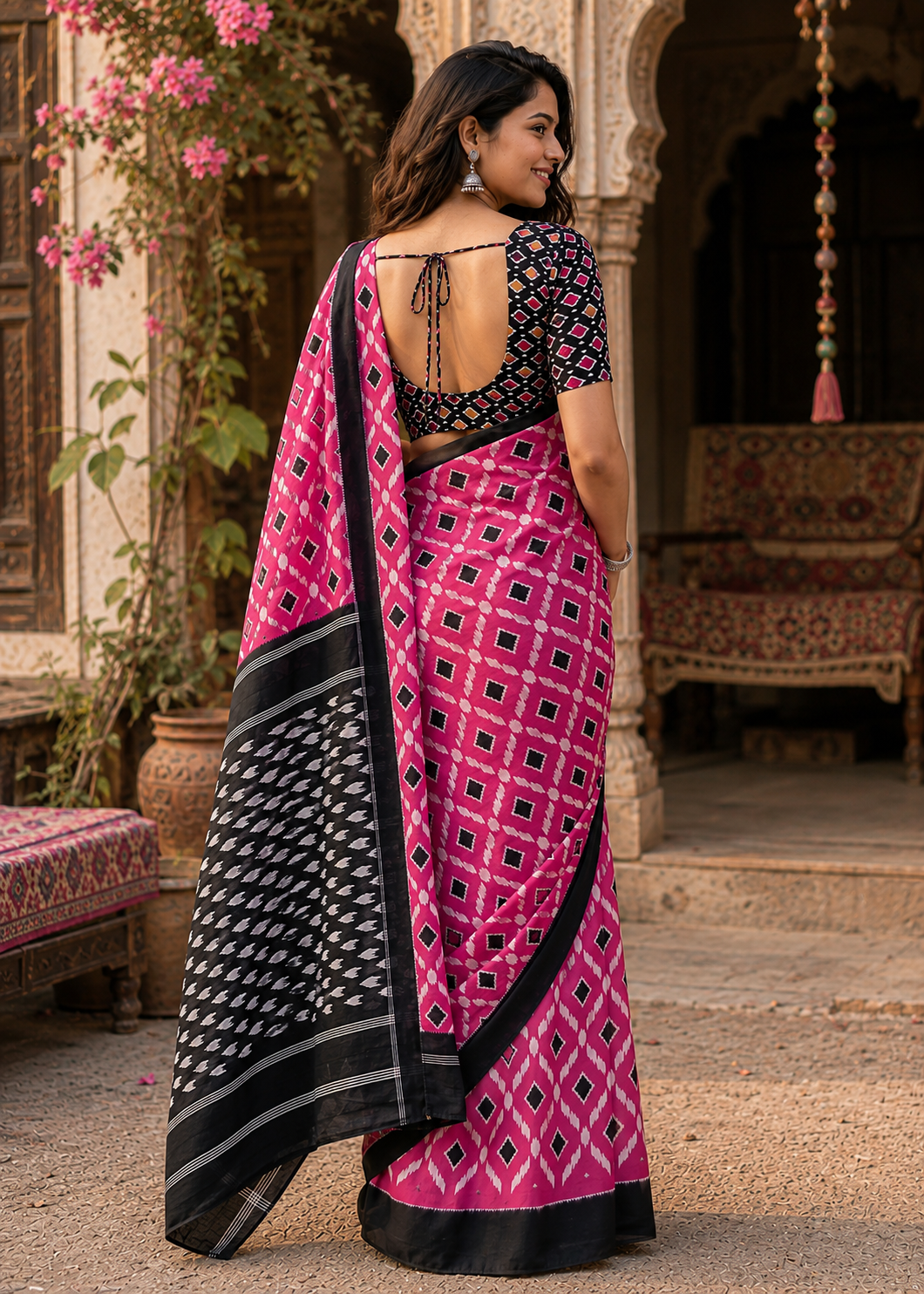 Pure Mulmul Cotton Printed Saree With Unstitched Blouse(Pink)