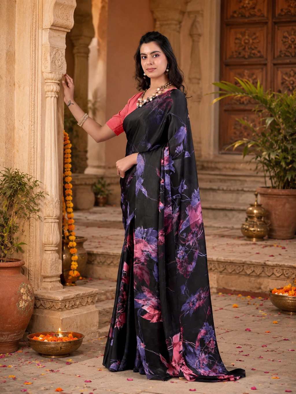 Satin Silk Printed Saree With Unstitched Blouse(Black)