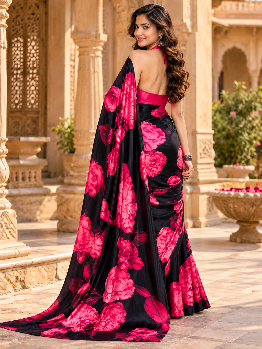 Satin Silk Floral Print Saree With Unstitched Blouse(Pink)