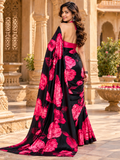 Satin Silk Floral Print Saree With Unstitched Blouse(Pink)