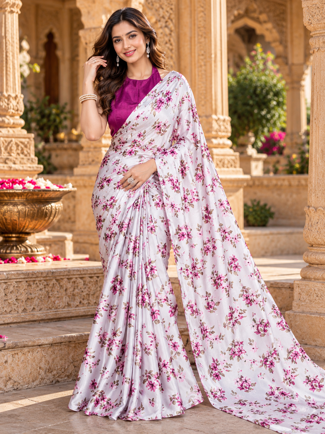 Satin Silk Floral Print Saree With Unstitched Blouse(Burgandy)