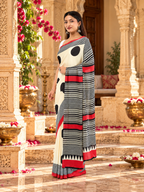 Original Gaji Silk Ajrakh Print Saree With Unstitched Blouse(White)