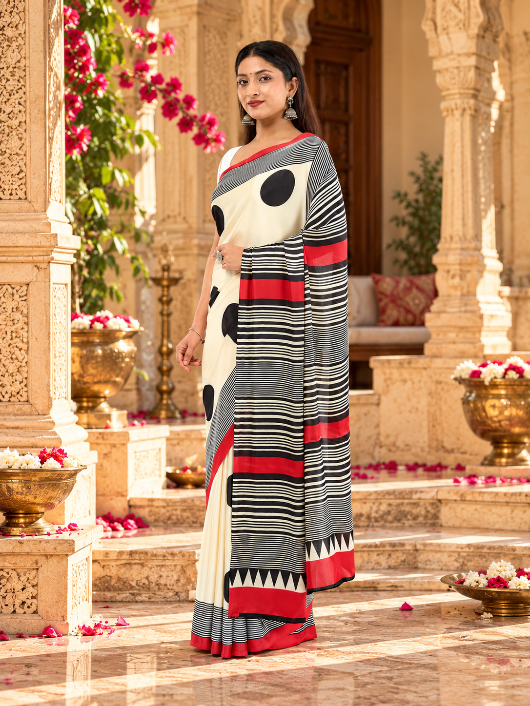 Original Gaji Silk Ajrakh Print Saree With Unstitched Blouse(White)